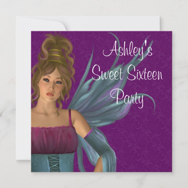 Invitación Fiesta de Princesa Hada Morado Turquesa Dulces 16 (Anverso)