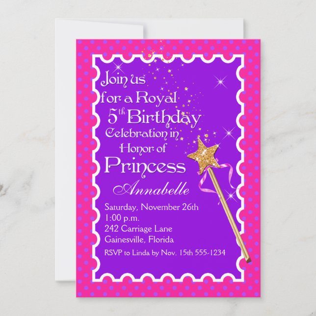 Invitación Fiesta de princesa púrpura, invitada por cumpleaño (Anverso)