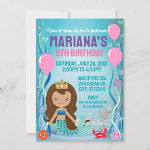 Invitación Fiesta de Princesa Sirena (cabello marrón)