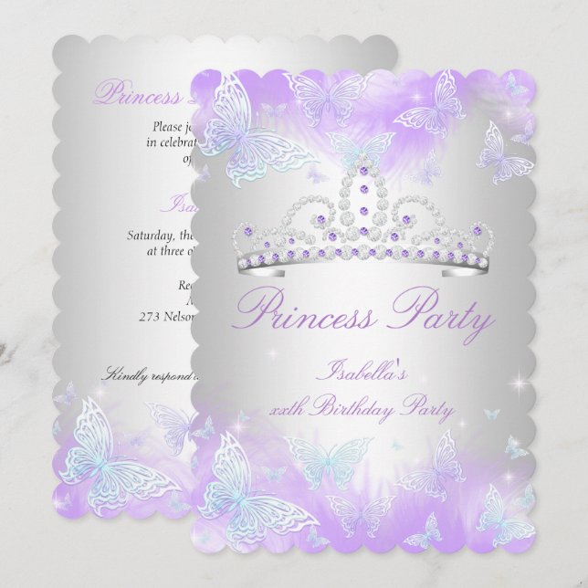 Invitación Fiesta de Princesa Tiara Mariposa Azul Turquesa Mo (Anverso / Reverso)