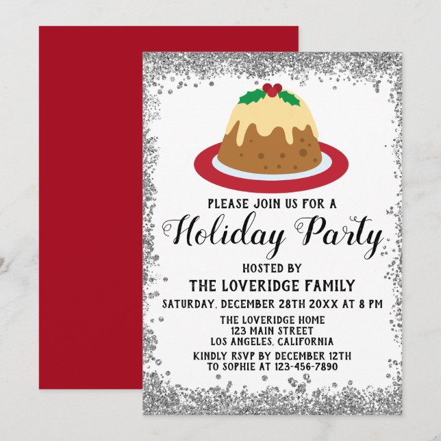 Invitación Fiesta de Pudín de Navidad Rojo Glitter Plateado (Anverso / Reverso)