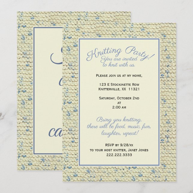 Invitación Fiesta de punto - Tweed Patrón azul/yarn natural (Anverso / Reverso)