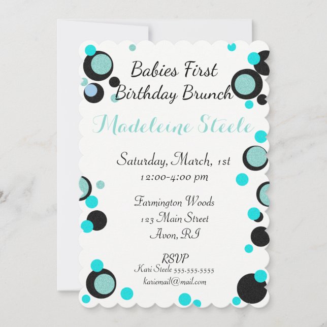 Invitación Fiesta de puntos de polka azul y negro Verde azula (Anverso)