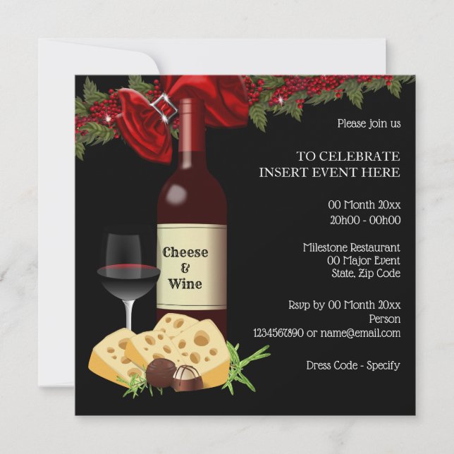 Invitación Fiesta de queso de vino navideño familia amigos có (Anverso)