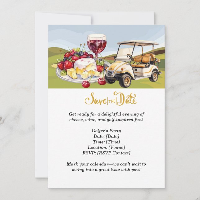 Invitación Fiesta de queso y vino de Golfer - ¡Salven la fech (Anverso)