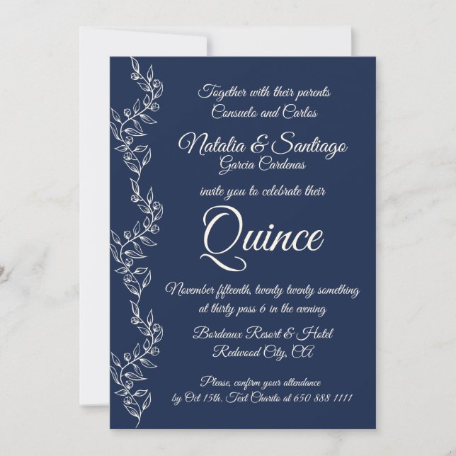 Invitación Fiesta de Quince, Chica de la Armada Azul-Blanco (Anverso)