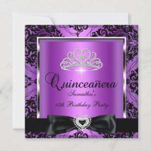 Invitación Fiesta de Quinceañera 15 Morado Damask Plata Negro
