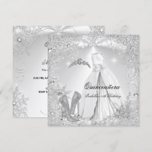 Invitación Fiesta de Quinceañera Blanca Plata Copos de Nieve