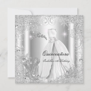 Invitación Fiesta de Quinceañera Blanca Plateada Copos de Nie