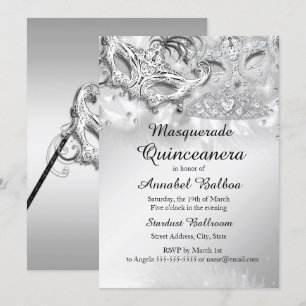 Invitación Fiesta de Quinceañera con Brillo de Plata Mascarad