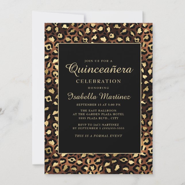 Invitación Fiesta de Quinceañera con estampado de leopardo en (Anverso)