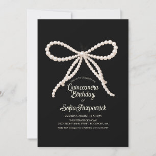 Invitación Fiesta de Quinceañera con lazo de perla negra y bl