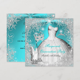 Invitación Fiesta de Quinceañera con Máscara Azul Turquesa y