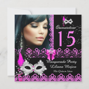 Invitación Fiesta de Quinceañera con Máscara Rosa Caliente de
