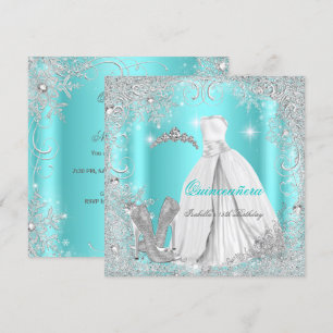 Invitación Fiesta de Quinceañera Copos de Nieve Azul Teal Pla