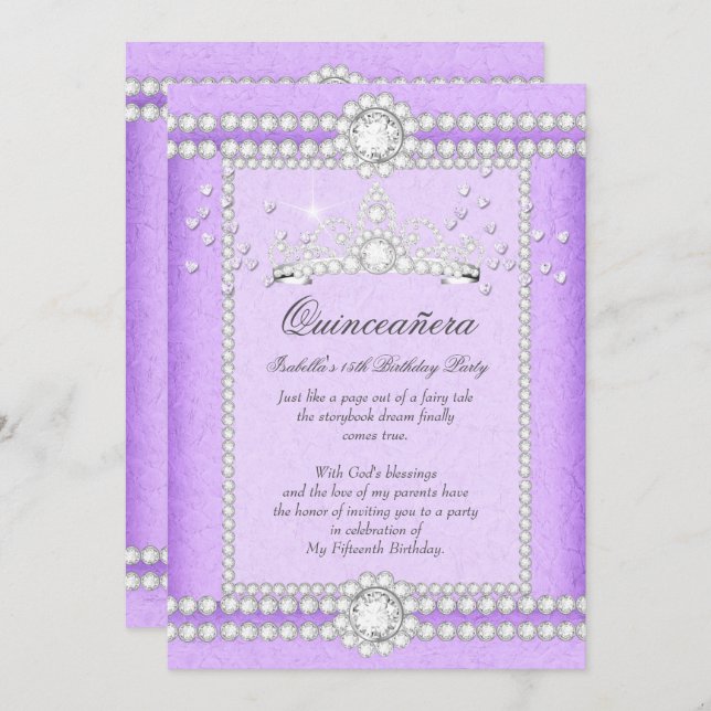 Invitación Fiesta de Quinceañera Corazón Lila Bonito Tiara de (Anverso / Reverso)