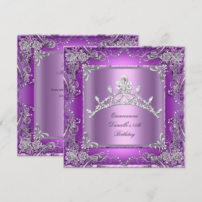 Invitación Fiesta de Quinceañera Cumpleaños 15 Morado (Anverso / Reverso)