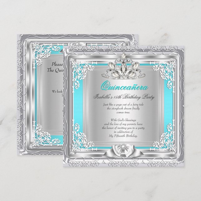 Invitación Fiesta de Quinceañera Cumpleaños 15 Turquesa Plata (Anverso / Reverso)