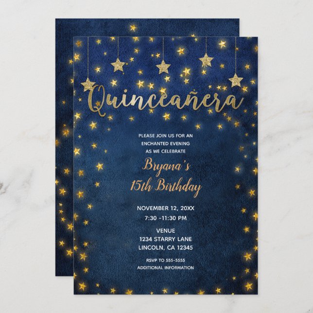 Invitación Fiesta de Quinceañera de Cielo Celestial Estrellas (Anverso / Reverso)