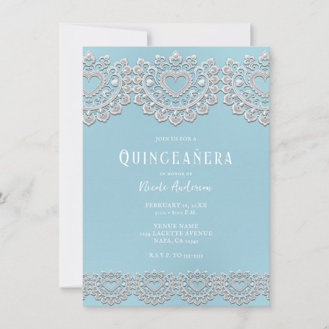 Invitación Fiesta de Quinceañera del corazón del encaje blanc (Anverso)