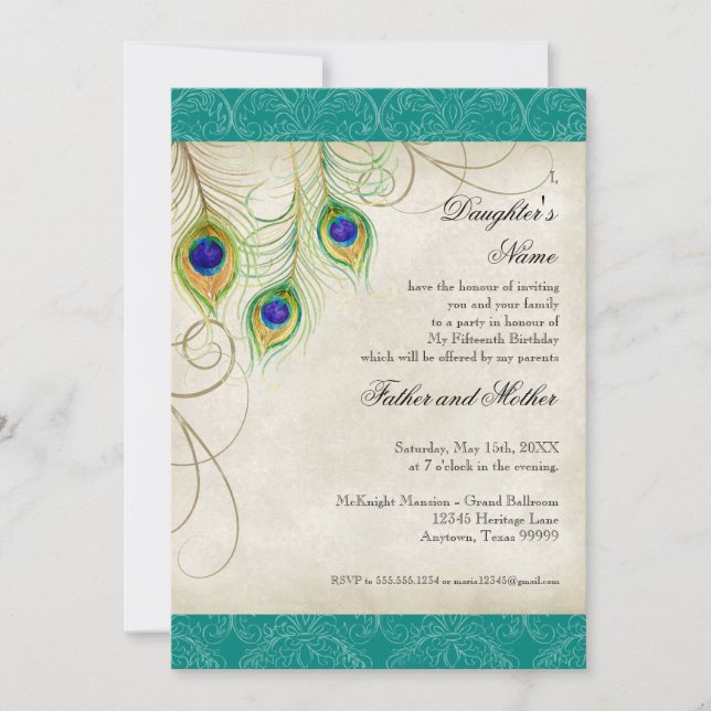 Invitación Fiesta de Quinceanera del damasco de la aguamarina (Anverso)