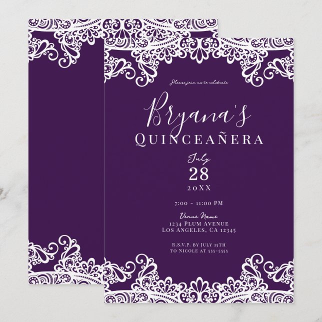 Invitación Fiesta de Quinceañera Elegante con Encaje Dorado y (Anverso / Reverso)