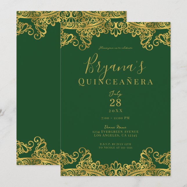 Invitación Fiesta de Quinceañera Elegante con Encaje Dorado y (Anverso / Reverso)