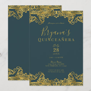 Invitación Fiesta de Quinceañera elegante con encaje dorado y
