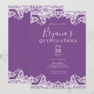 Invitación Fiesta de Quinceañera elegante con encaje morado y