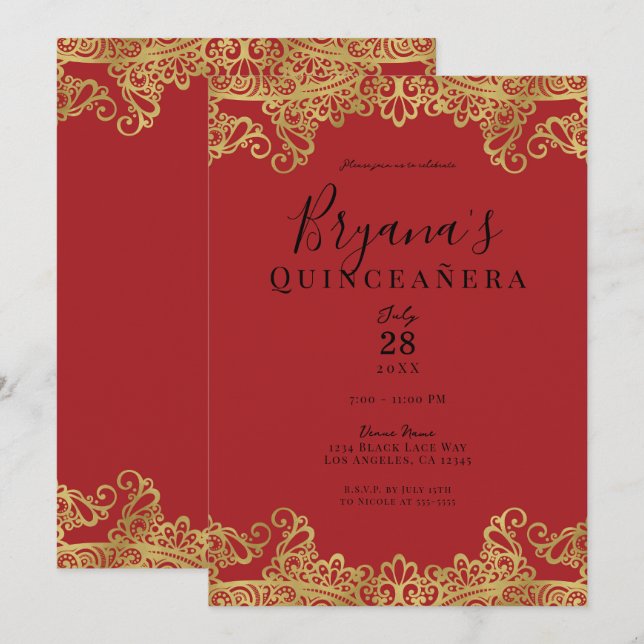 Invitación Fiesta de Quinceañera Elegante con Encaje Rojo y D (Anverso / Reverso)