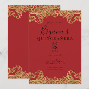 Invitación Fiesta de Quinceañera Elegante con Encaje Rojo y D