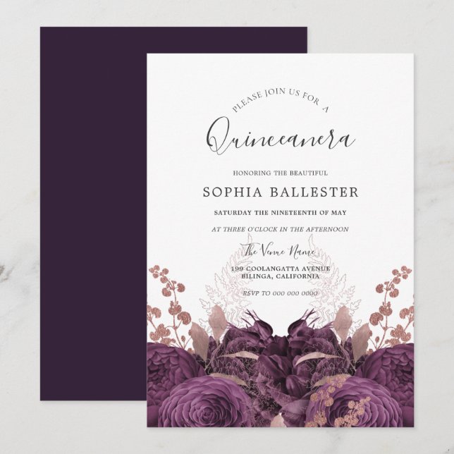 Invitación Fiesta de Quinceanera elegante con flores moradas (Anverso / Reverso)