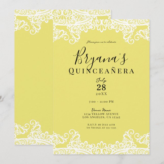 Invitación Fiesta de Quinceañera Elegante de Encaje Amarillo  (Anverso / Reverso)