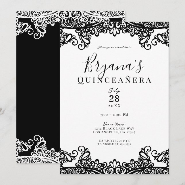 Invitación Fiesta de Quinceañera Elegante de Encaje Negro y B (Anverso / Reverso)