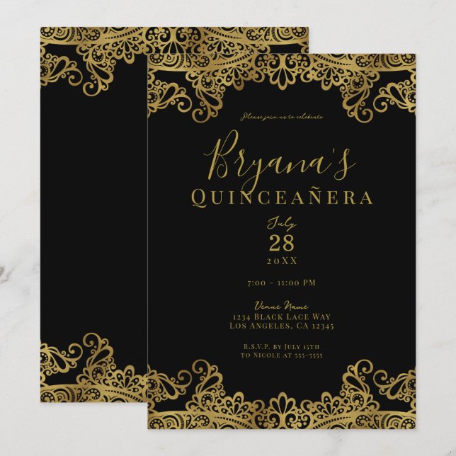 Invitación Fiesta de Quinceañera elegante de encaje negro y d (Anverso / Reverso)