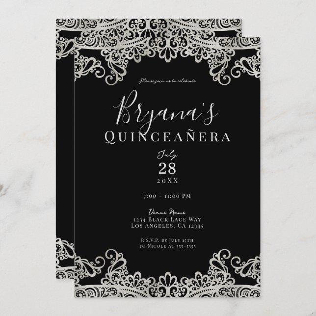 Invitación Fiesta de Quinceañera elegante de encaje negro y p (Anverso / Reverso)
