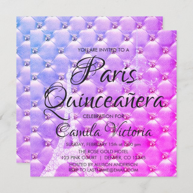 Invitación Fiesta de Quinceañera en París Pink Purple (Anverso / Reverso)