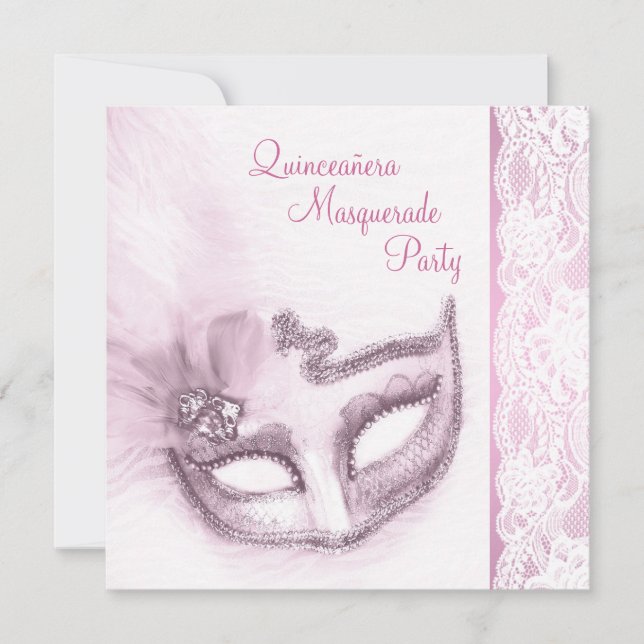 Invitación Fiesta de Quinceañera enmascarada rosa (Anverso)
