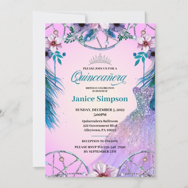 Invitación Fiesta de Quinceañera Española Capchador de Sueño  (Anverso)