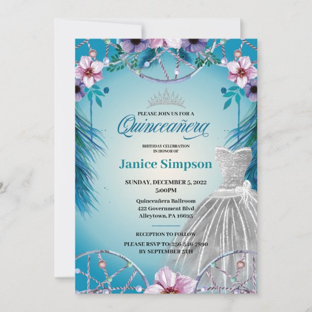 Invitación Fiesta de Quinceañera Española Capchador de Sueño  (Anverso)