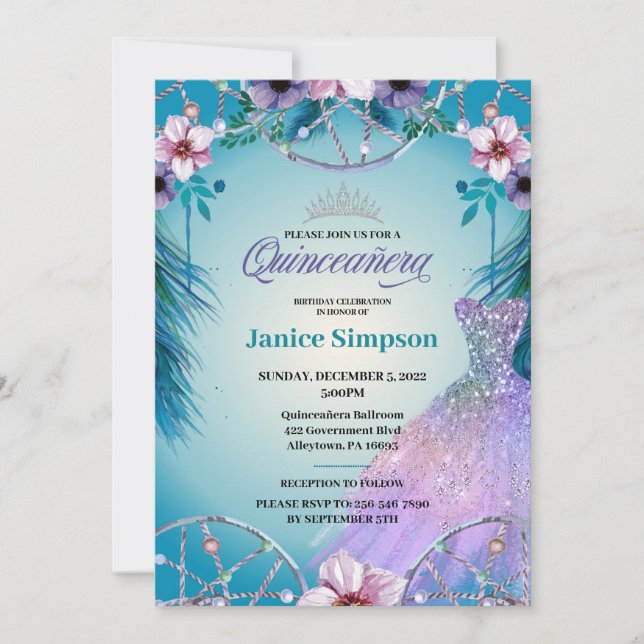 Invitación Fiesta de Quinceañera Española Capchador de Sueño  (Anverso)