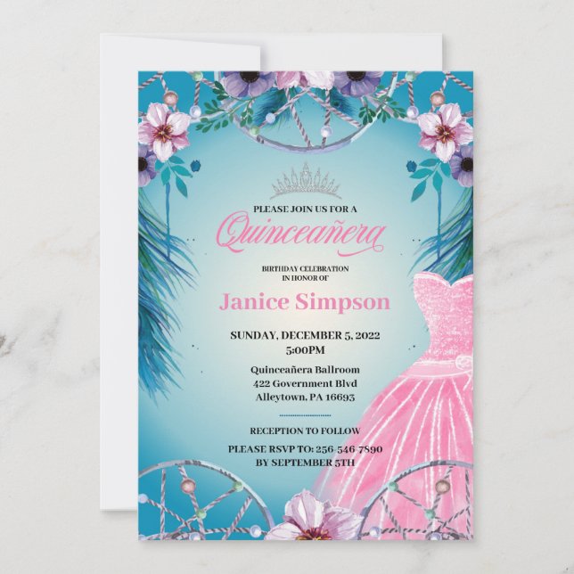 Invitación Fiesta de Quinceañera Española Capchador de Sueño  (Anverso)