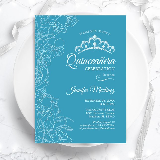 Invitación Fiesta de Quinceanera Floral Azul Aqua (Subido por el creador)