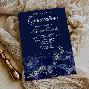 Invitación Fiesta de Quinceañera floral azul marino y plata