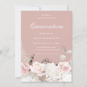 Invitación Fiesta de Quinceanera floral blanca y Rubor en el
