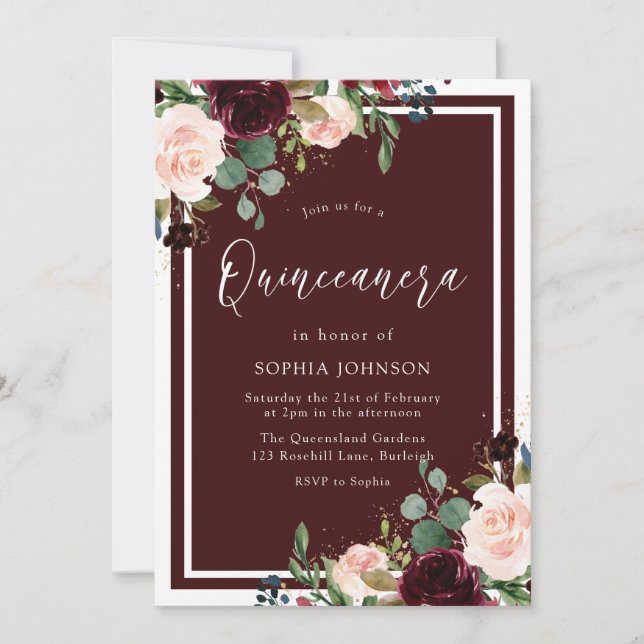 Invitación Fiesta de Quinceanera floral borgoña y roja y Rubo (Anverso)