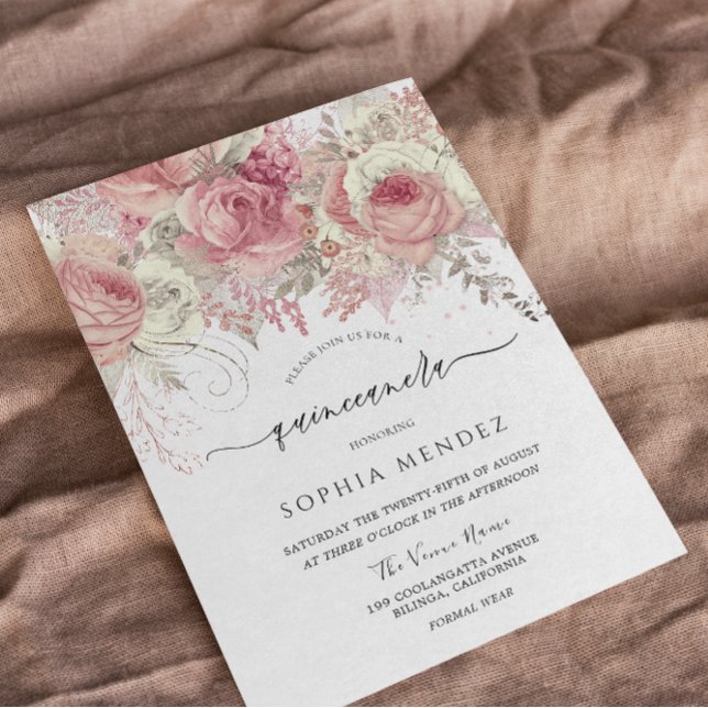 Invitación Fiesta de Quinceanera floral encantada con plata y (Subido por el creador)