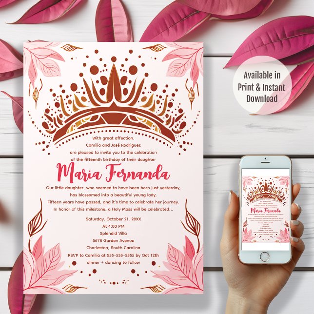 Invitación Fiesta de Quinceañera floral rosa y dorada (Subido por el creador)
