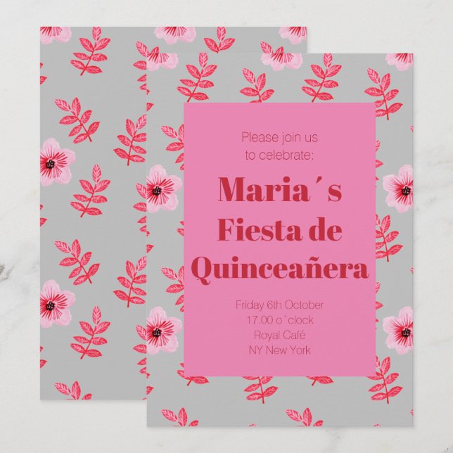 Invitación Fiesta de Quinceañera Flores Acuarela (Anverso / Reverso)