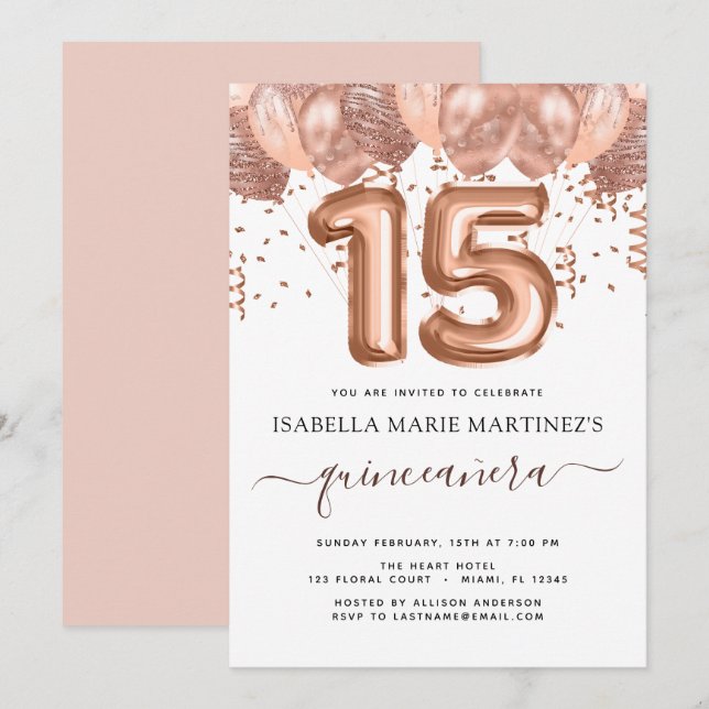 Invitación Fiesta de Quinceañera, globos de oro Rosa (Anverso / Reverso)